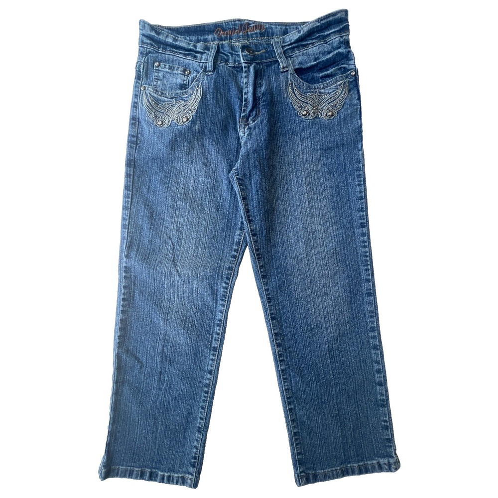 Daniel Jeans Pants 3/4 Capri Blue Denim Studded Rhinestone Y2K 90s Stretch